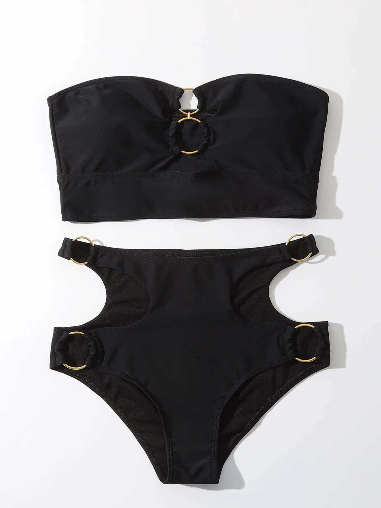 Buy SHEIN Solid Bikini Set Cut-Out Ring Linked Bandeau Bra & High Waisted Bottom 2 Piece Bathing Suit in Pakistan