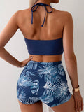 Buy SHEIN Solid Color Halter Top With Plant Print Square Pants Tankini Separates Swimsuit Set Summer in Pakistan