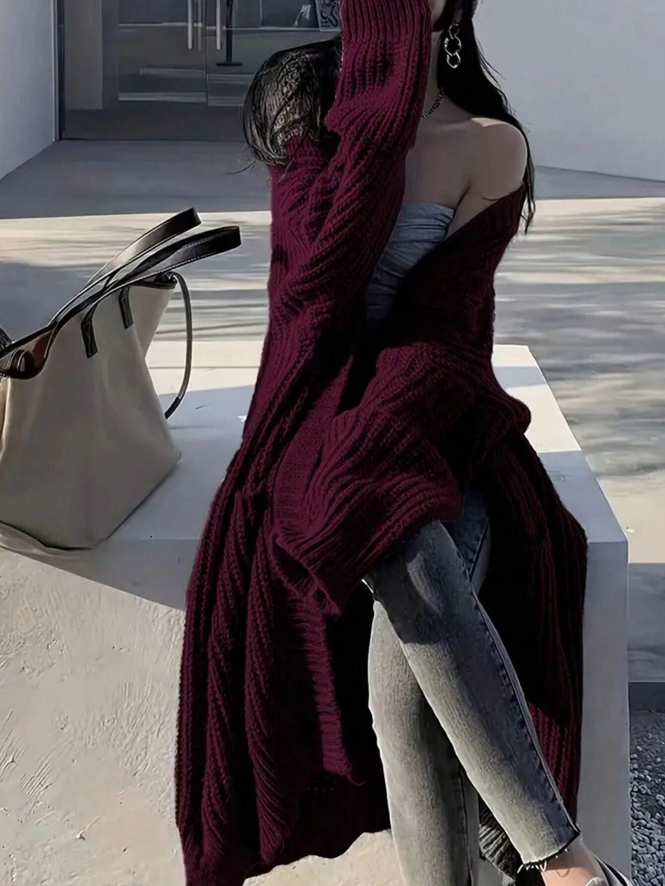 Buy SHEIN Solid Open Front Loose Knit Cardigan, Casual Long Sleeve Long Length Sweater With Pocket, Women's Clothing in Pakistan