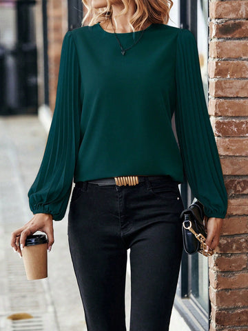 Buy SHEIN Solid Pleated Lantern Sleeve Blouse in Pakistan