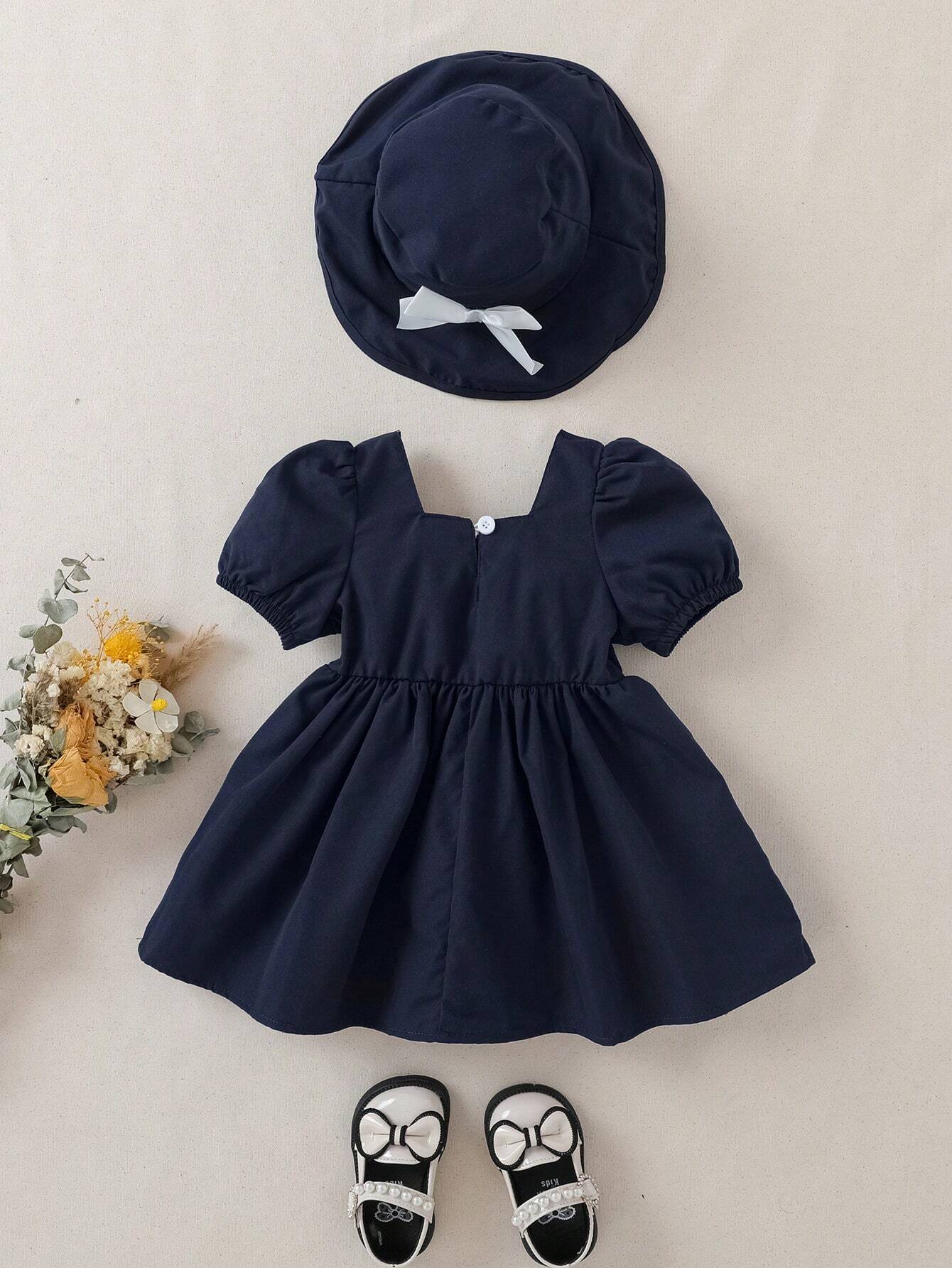 Buy SHEIN Souflis Souflis Baby Girl Square Neckline Contrast Binding Button Decor Leisure Dress With Hat in Pakistan