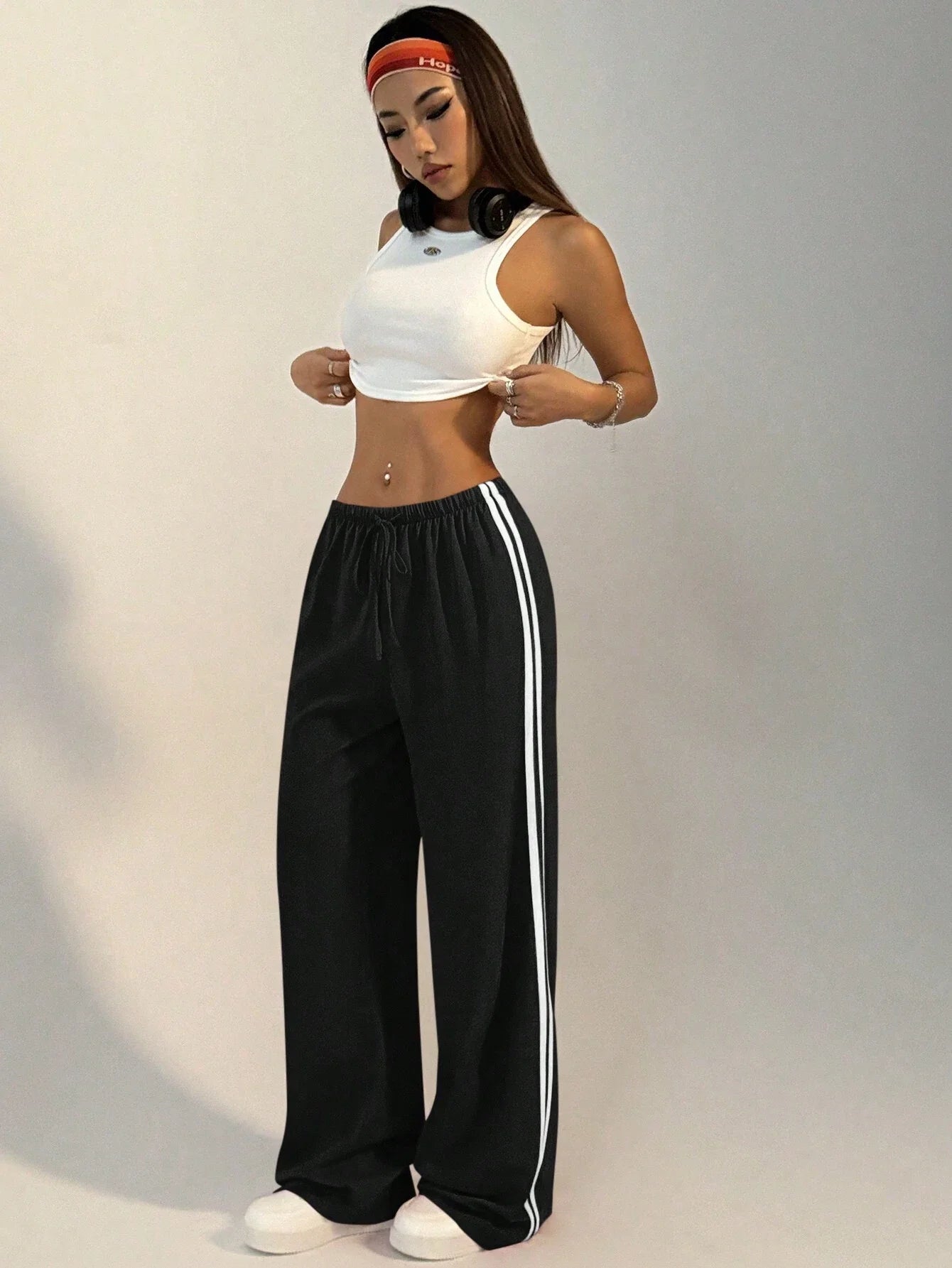 Buy SHEIN StreetHx Women's Drawstring Side Striped Straight-Leg Casual Sport Outdoor Pants in Pakistan