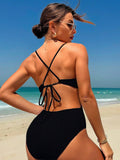 Buy SHEIN Summer Beach Solid Color Deep V-Neck Backless Sexy One-Piece Swimsuit in Pakistan