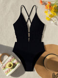 Buy SHEIN Summer Beach Solid Color Deep V-Neck Backless Sexy One-Piece Swimsuit in Pakistan