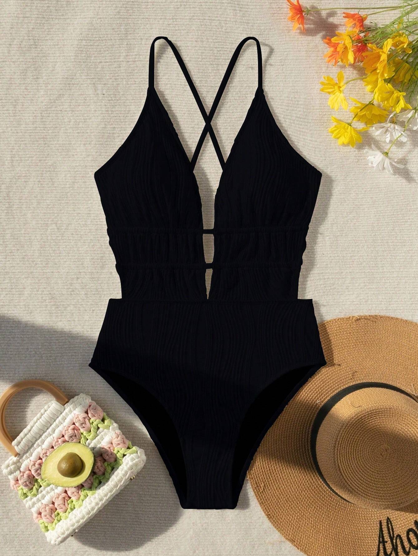Buy SHEIN Summer Beach Solid Color Deep V-Neck Backless Sexy One-Piece Swimsuit in Pakistan