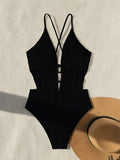 Buy SHEIN Summer Beach Solid Color Deep V-Neck Backless Sexy One-Piece Swimsuit in Pakistan