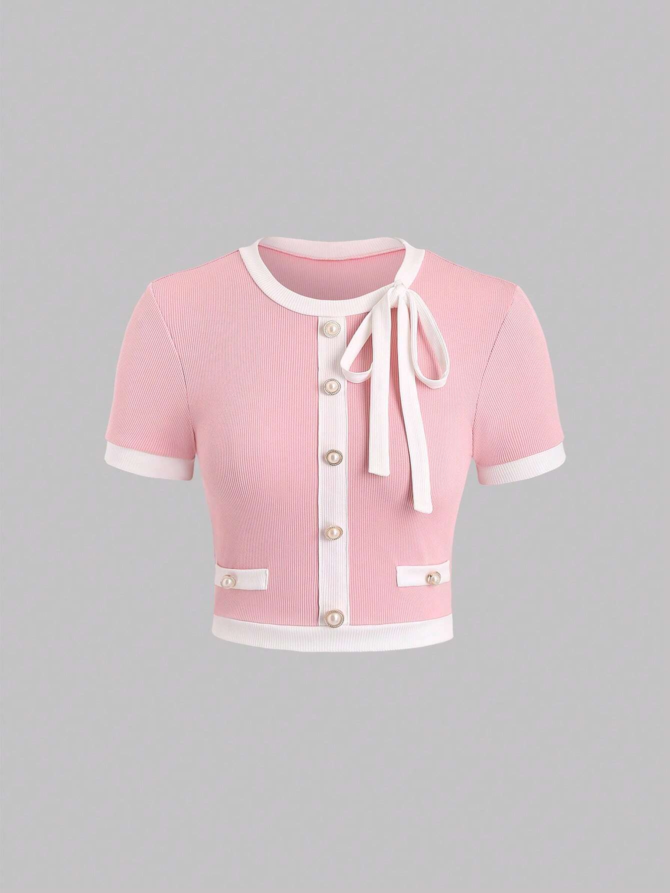 Buy SHEIN Sweetra Contrast Binding Button Detail Tight Fit T-Shirt For Casual Summer Graphic Tees Women Tops in Pakistan