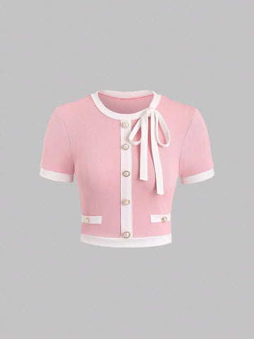 Buy SHEIN Sweetra Contrast Binding Button Detail Tight Fit T-Shirt For Casual Summer Graphic Tees Women Tops in Pakistan