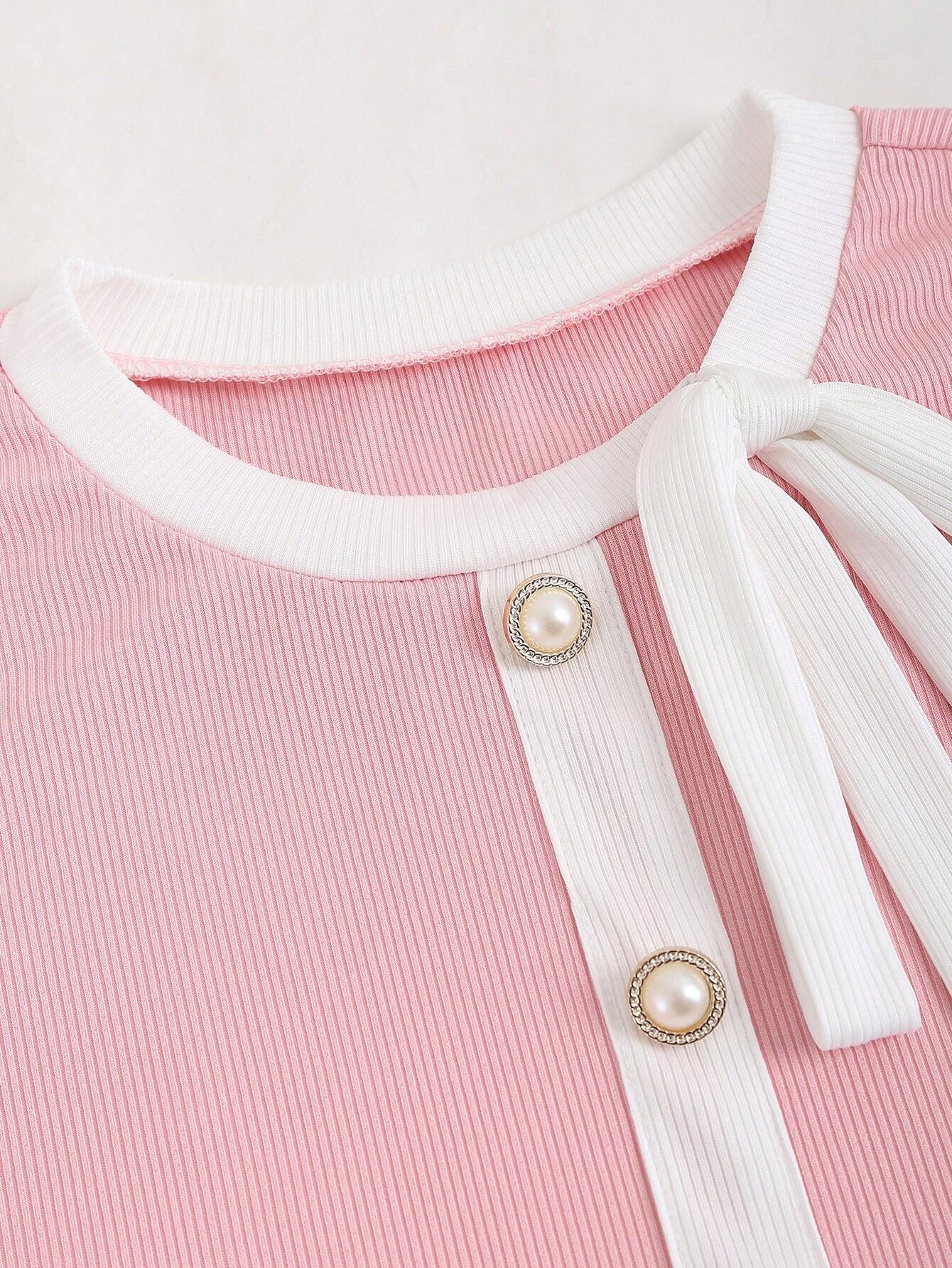 Buy SHEIN Sweetra Contrast Binding Button Detail Tight Fit T-Shirt For Casual Summer Graphic Tees Women Tops in Pakistan