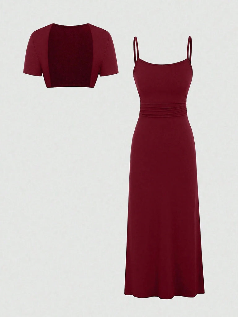 SHEIN Sweetra Women's Summer Solid Color Short Sleeve Cardigan And Sli