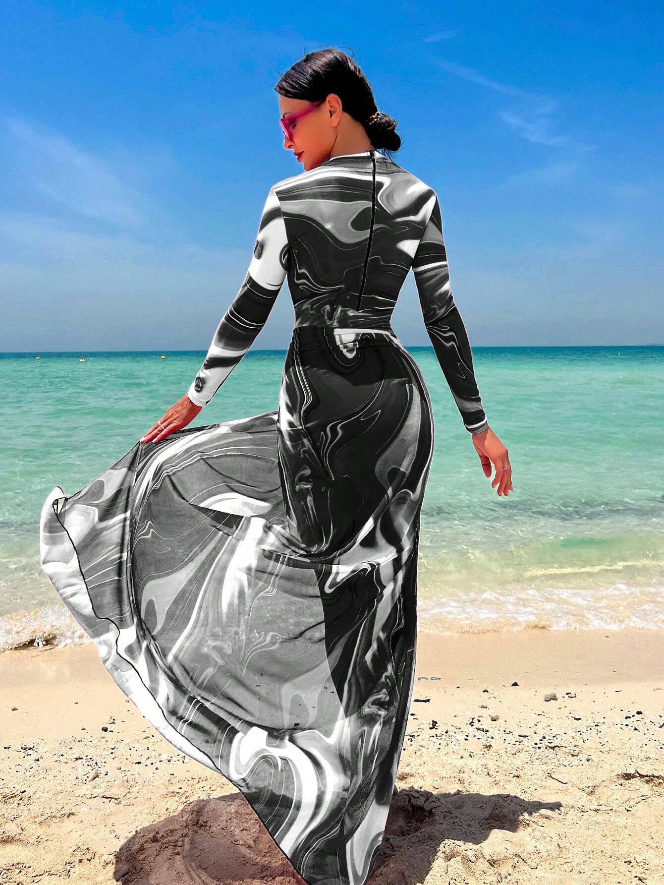 Buy SHEIN Swim Shayni Allover Print One Piece Swimsuit With Beach Skirt,Summer BeachArabic Clothing in Pakistan