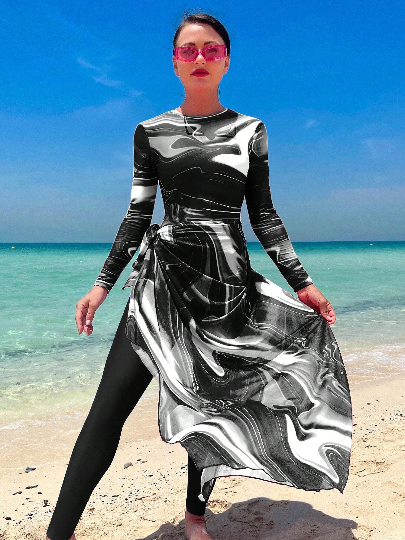 Buy SHEIN Swim Shayni Allover Print One Piece Swimsuit With Beach Skirt,Summer BeachArabic Clothing in Pakistan