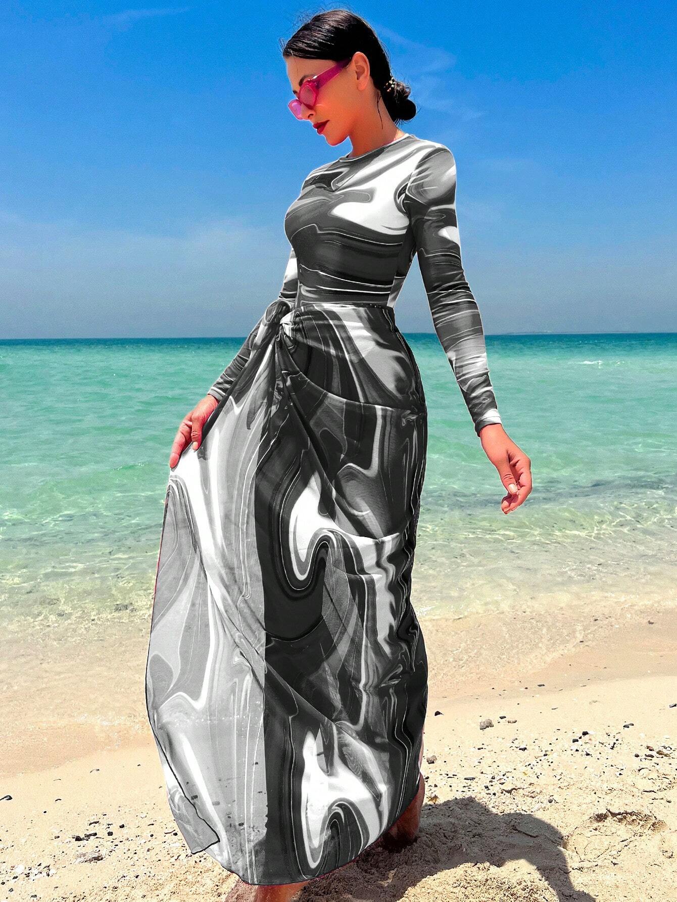 Buy SHEIN Swim Shayni Allover Print One Piece Swimsuit With Beach Skirt,Summer BeachArabic Clothing in Pakistan