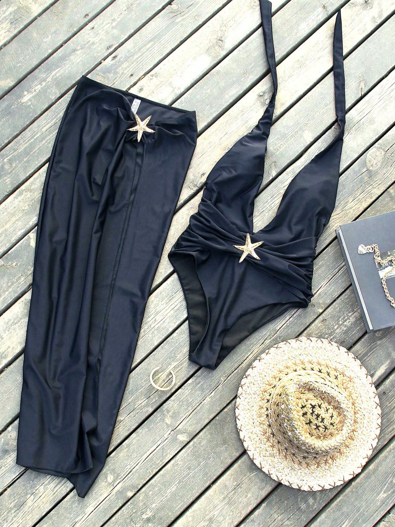 Buy SHEIN Swim Summer Beach 2 Packs Starfish One Piece Swimsuit & Bustle High Split Long Skirt 2 Pcs Set in Pakistan