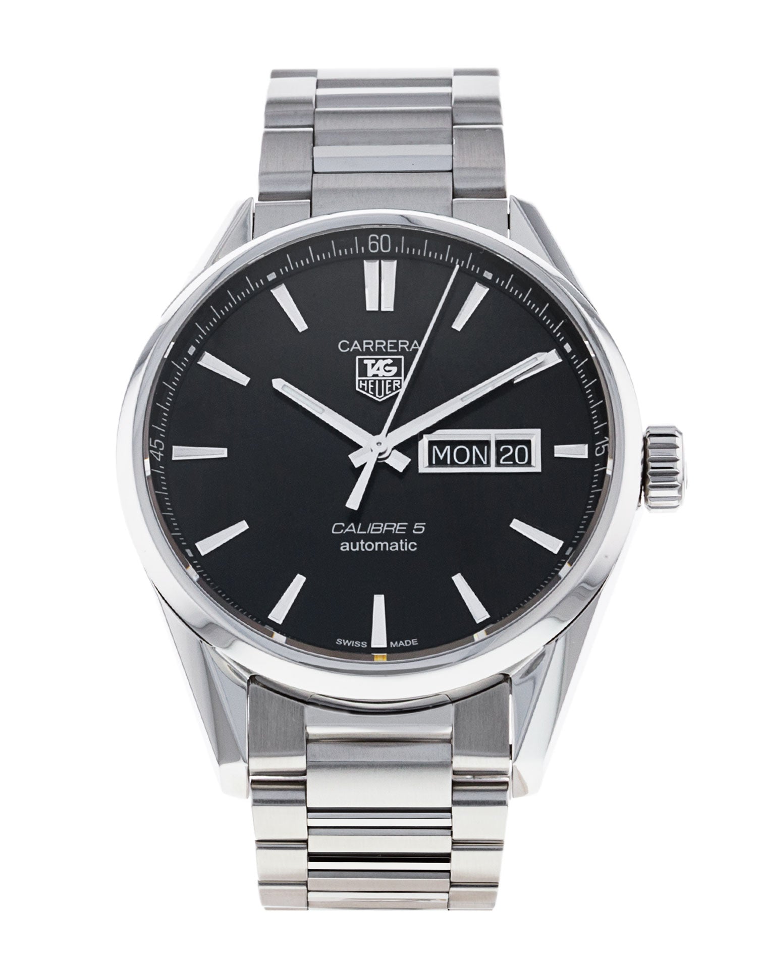 Buy Tag Heuer Carrera Calibre 5 Black Dial Silver Steel Strap Watch for Men - WAR201A.BA0723 in Pakistan