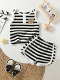 Buy SHEIN Toddler Boys' Black And White Striped Bear Embroidered Sleeveless Top With Shorts, Casual 2pcs Home Outfit in Pakistan