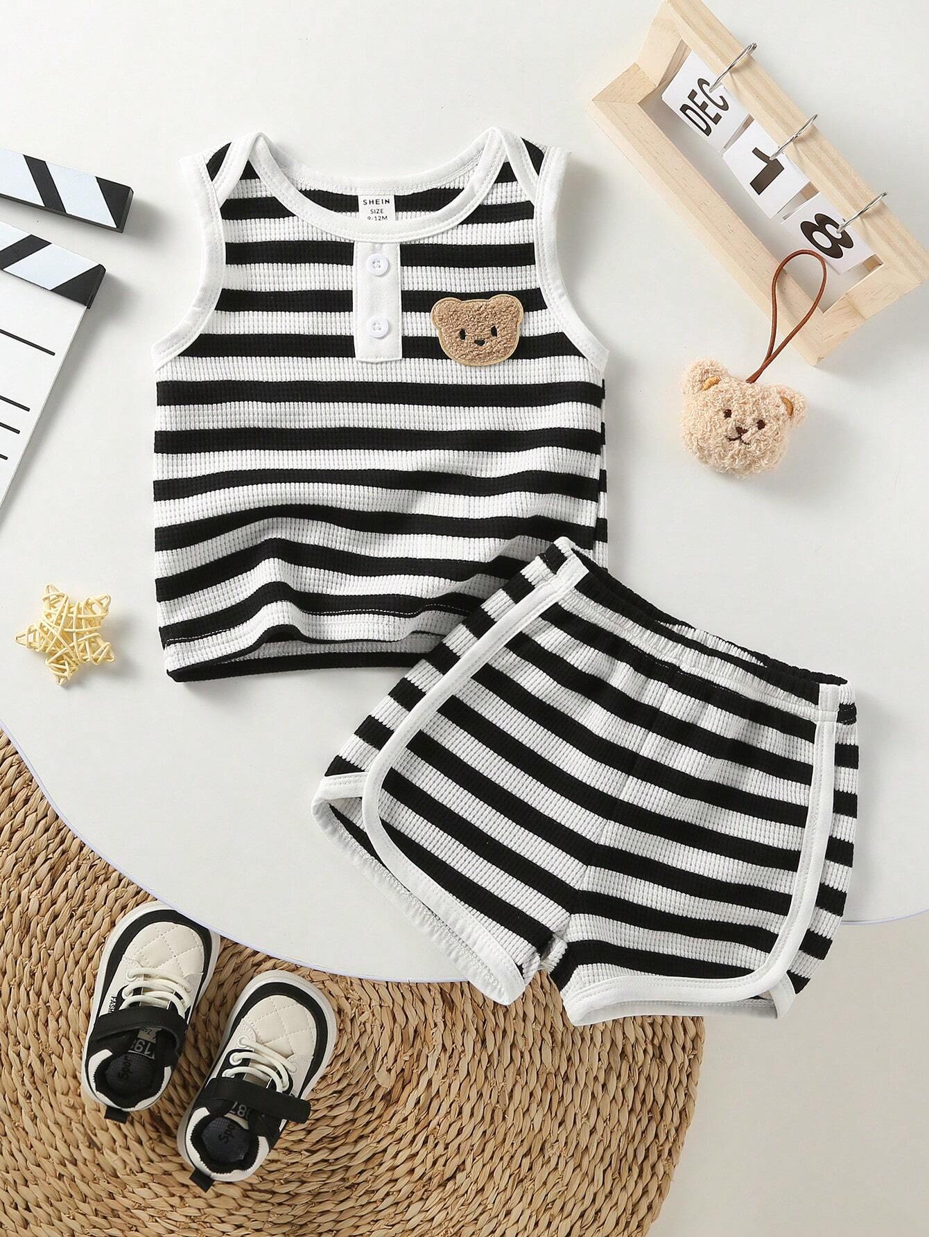 Buy SHEIN Toddler Boys' Black And White Striped Bear Embroidered Sleeveless Top With Shorts, Casual 2pcs Home Outfit in Pakistan