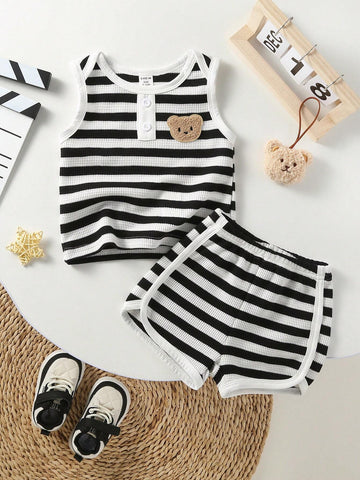 Buy SHEIN Toddler Boys' Black And White Striped Bear Embroidered Sleeveless Top With Shorts, Casual 2pcs Home Outfit in Pakistan