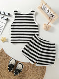 Buy SHEIN Toddler Boys' Black And White Striped Bear Embroidered Sleeveless Top With Shorts, Casual 2pcs Home Outfit in Pakistan