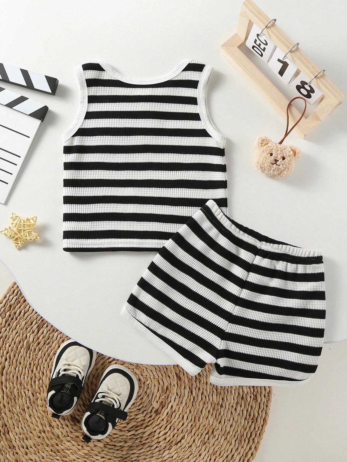 Buy SHEIN Toddler Boys' Black And White Striped Bear Embroidered Sleeveless Top With Shorts, Casual 2pcs Home Outfit in Pakistan
