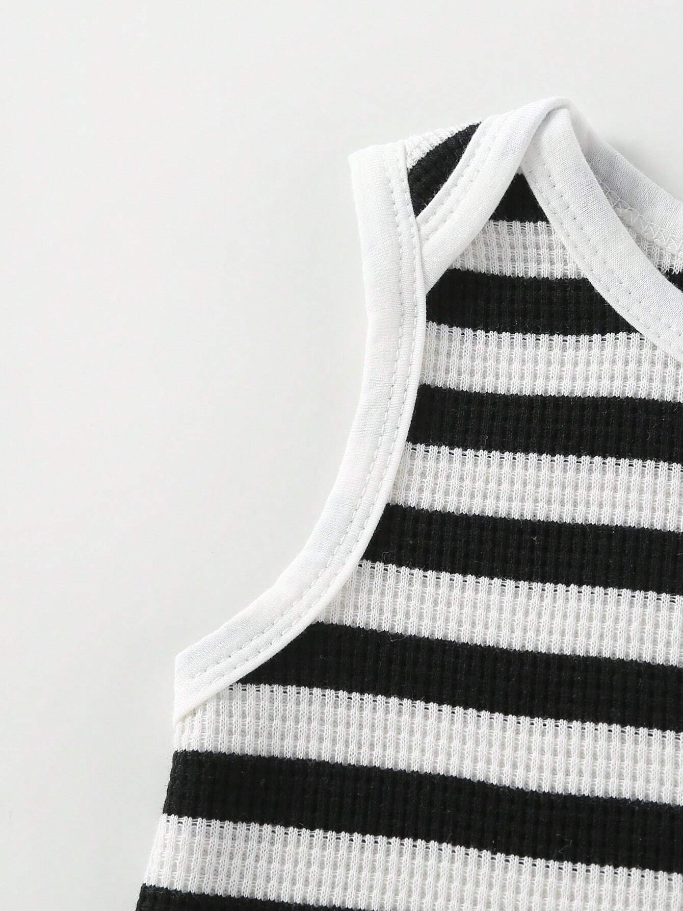 Buy SHEIN Toddler Boys' Black And White Striped Bear Embroidered Sleeveless Top With Shorts, Casual 2pcs Home Outfit in Pakistan