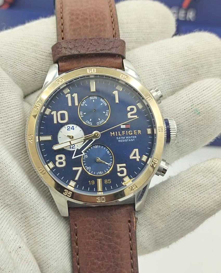 Buy Tommy Hilfiger Mens Quartz Brown Leather Strap Blue Dial 46mm Watch - 1791137 in Pakistan