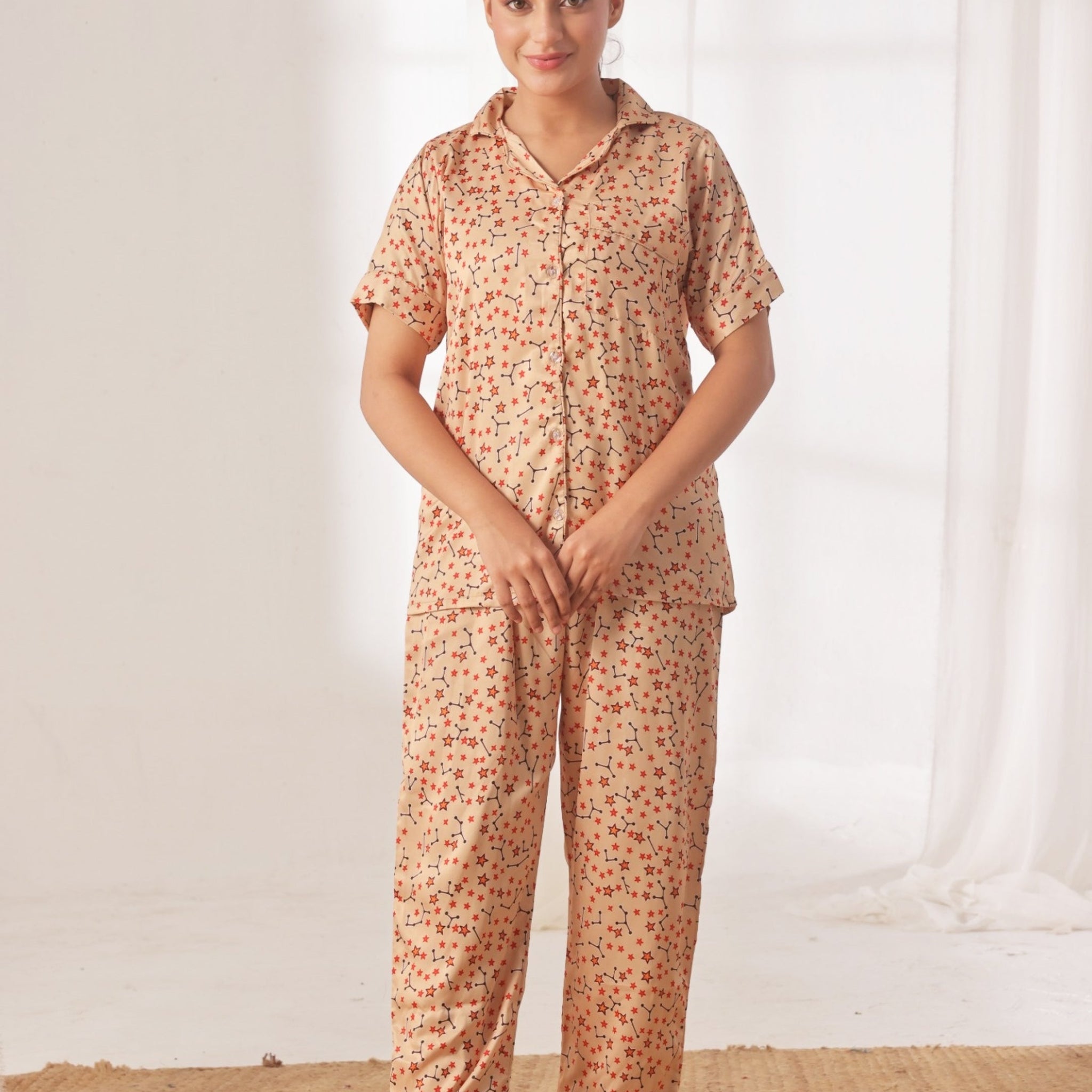 Buy Sajiero Silk Pajama Suit with Scrunchie - Starlight Dream in Pakistan