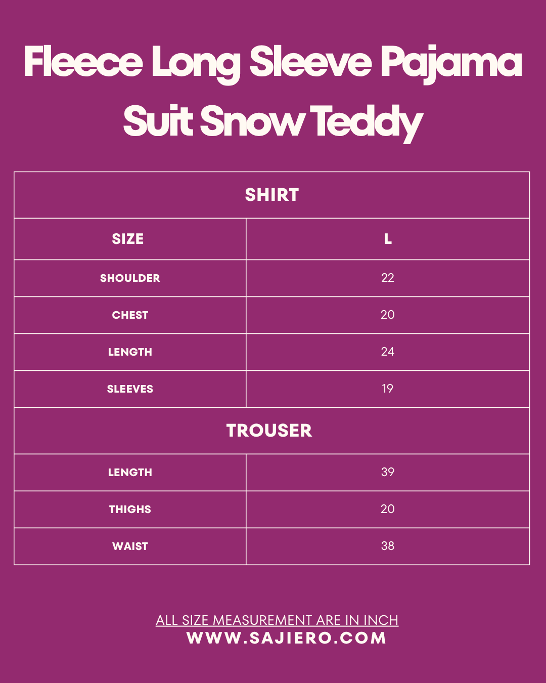 Buy Sajiero Fleece Long Sleeve Pajama Suit Snow Teddy in Pakistan