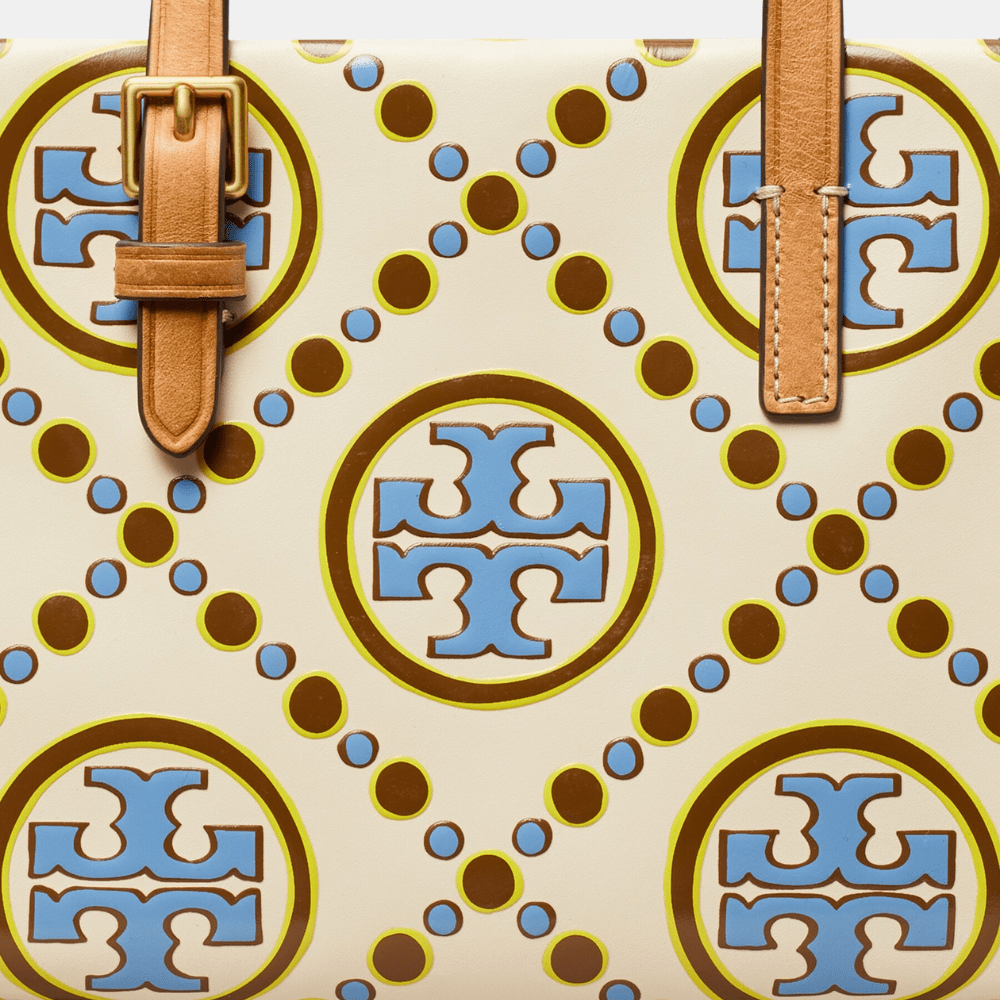 Buy Tory Burch Mini T Monogram Contrast Embossed Square Tote (New Ivory/Dauphin Blue) in Pakistan
