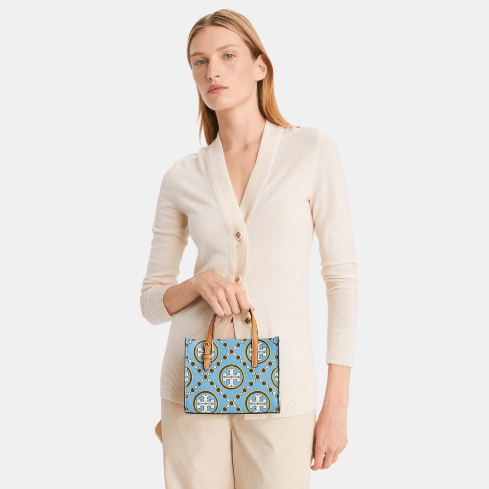 Buy Tory Burch Mini T Monogram Contrast Embossed Square Tote (New Ivory/Dauphin Blue) in Pakistan