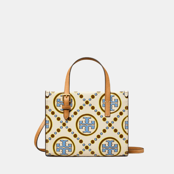 Buy Tory Burch Mini T Monogram Contrast Embossed Square Tote (New Ivory/Dauphin Blue) in Pakistan