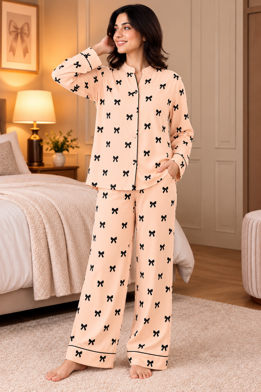 Buy Blush Noir Bows Linen Pajama Set in Pakistan