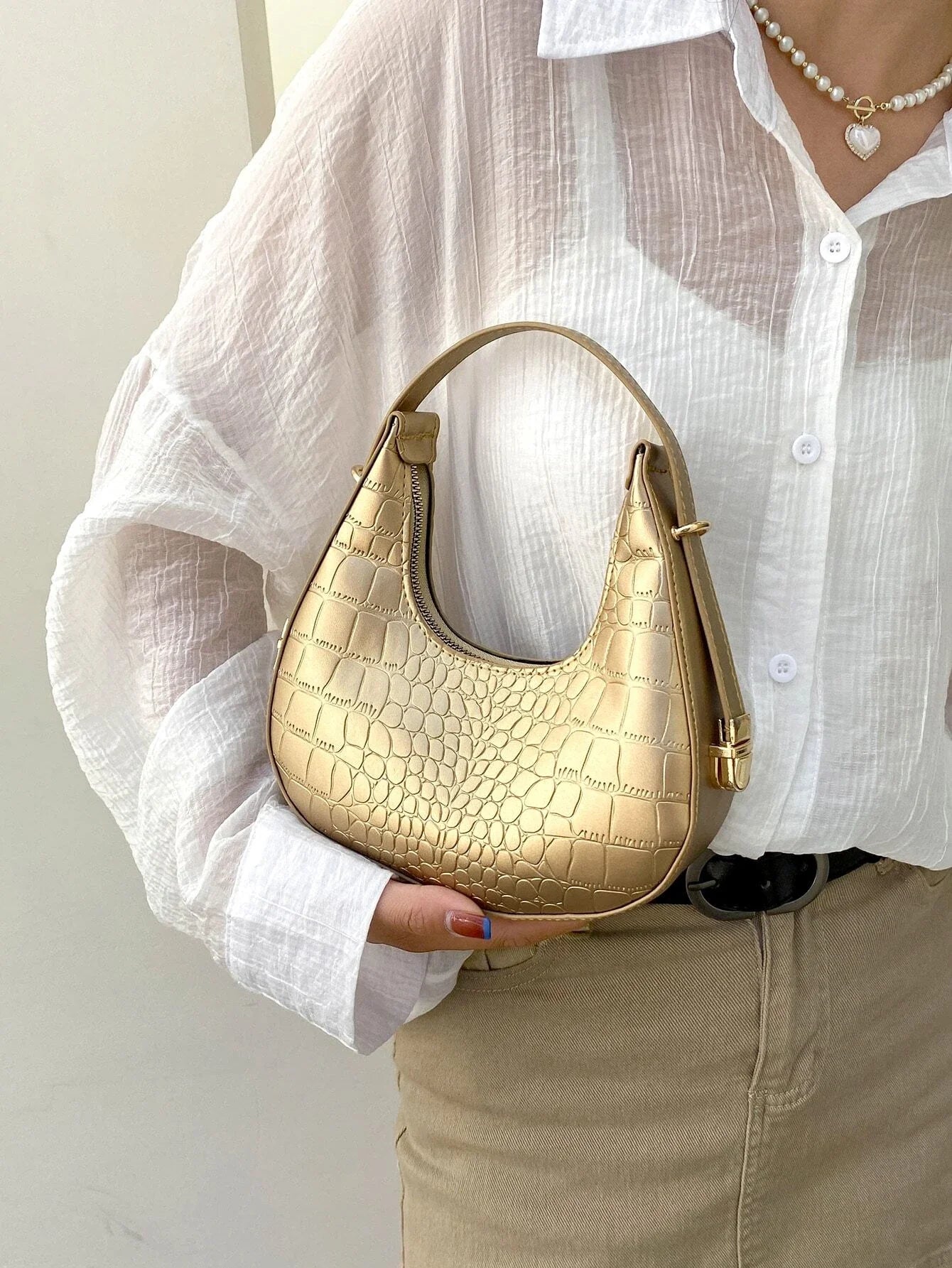 Buy SHEIN Waterproof,Lightweight,Business Casual Metallic Crocodile Embossed Hobo Bag in Pakistan