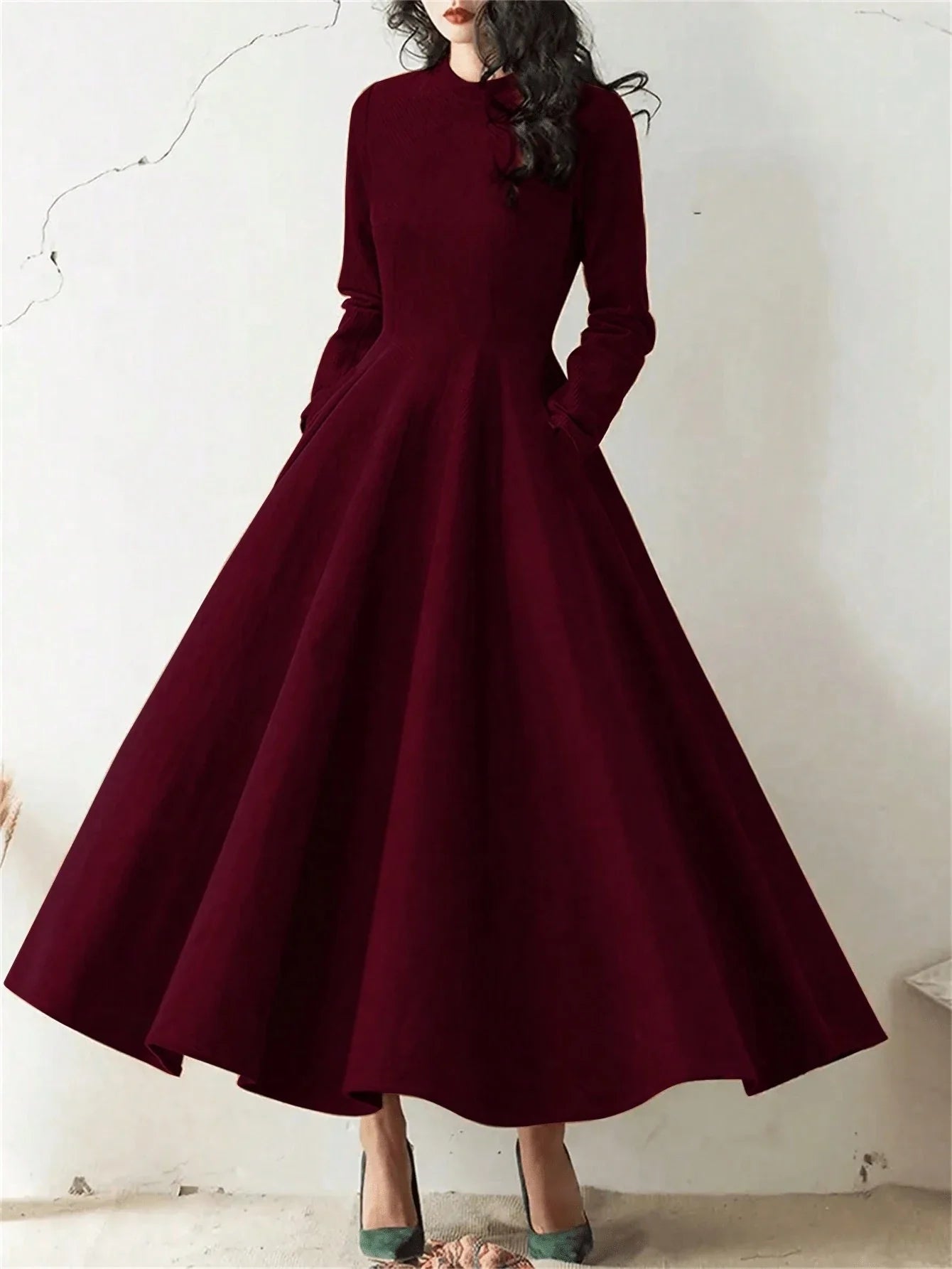 Buy SHEIN Women Casual Solid Color Oblique Pocket Elastic Waist Flare Hem Dress, Autumn in Pakistan