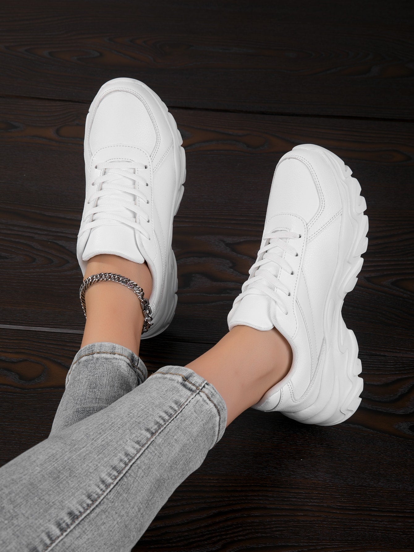 Buy SHEIN Women Chunky Sneakers Lace-up Front Low Top Sports Shoes White, Women's Pu Athletic Running Shoes In White Solid Color in Pakistan