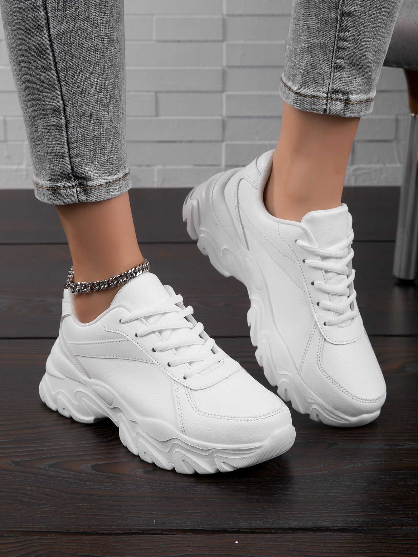 Buy SHEIN Women Chunky Sneakers Lace-up Front Low Top Sports Shoes White, Women's Pu Athletic Running Shoes In White Solid Color in Pakistan