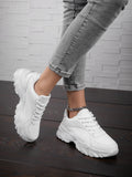 Buy SHEIN Women Chunky Sneakers Lace-up Front Low Top Sports Shoes White, Women's Pu Athletic Running Shoes In White Solid Color in Pakistan