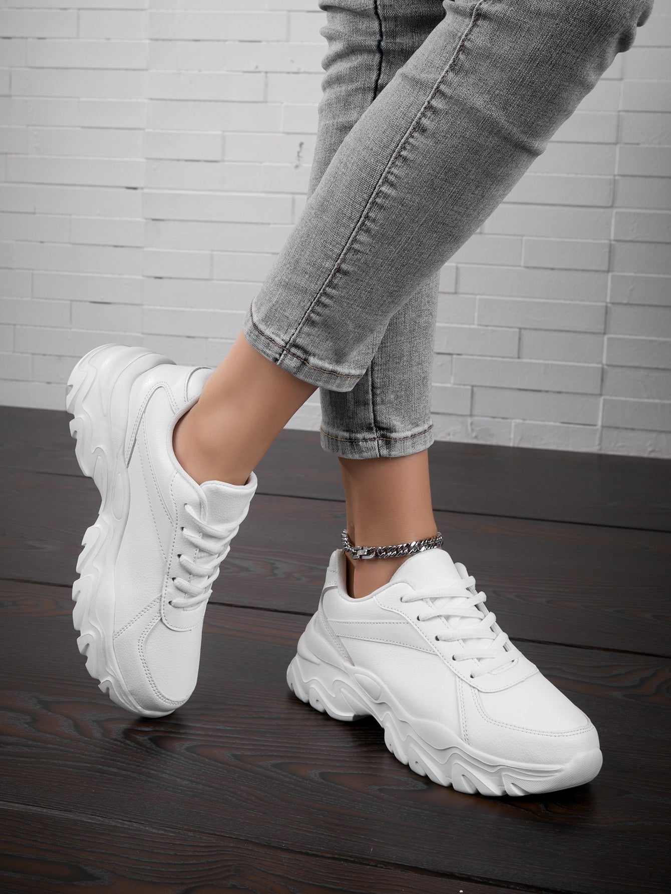 Buy SHEIN Women Chunky Sneakers Lace-up Front Low Top Sports Shoes White, Women's Pu Athletic Running Shoes In White Solid Color in Pakistan