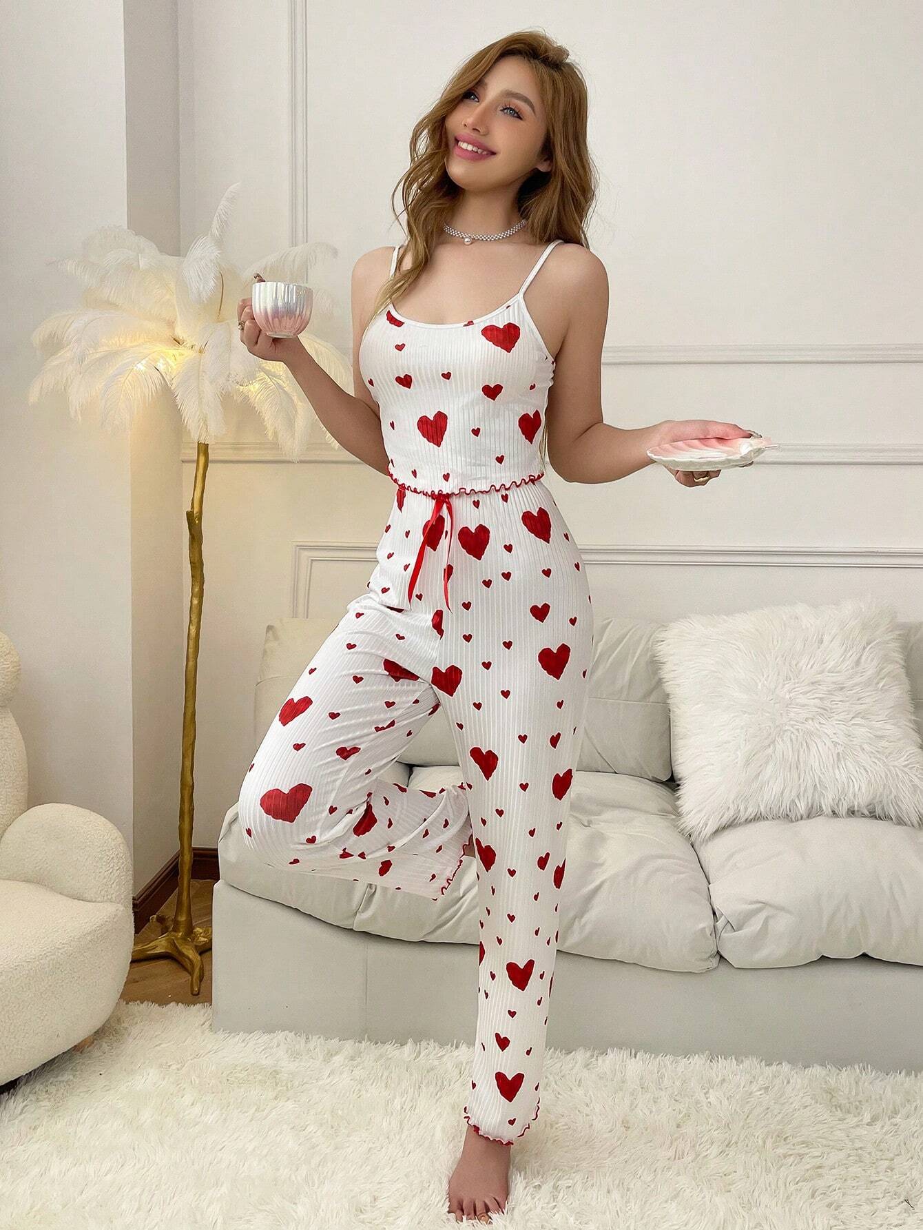 Buy SHEIN Women Heart Print Cami Tank Top And Long Pants Pajama Set White Set in Pakistan