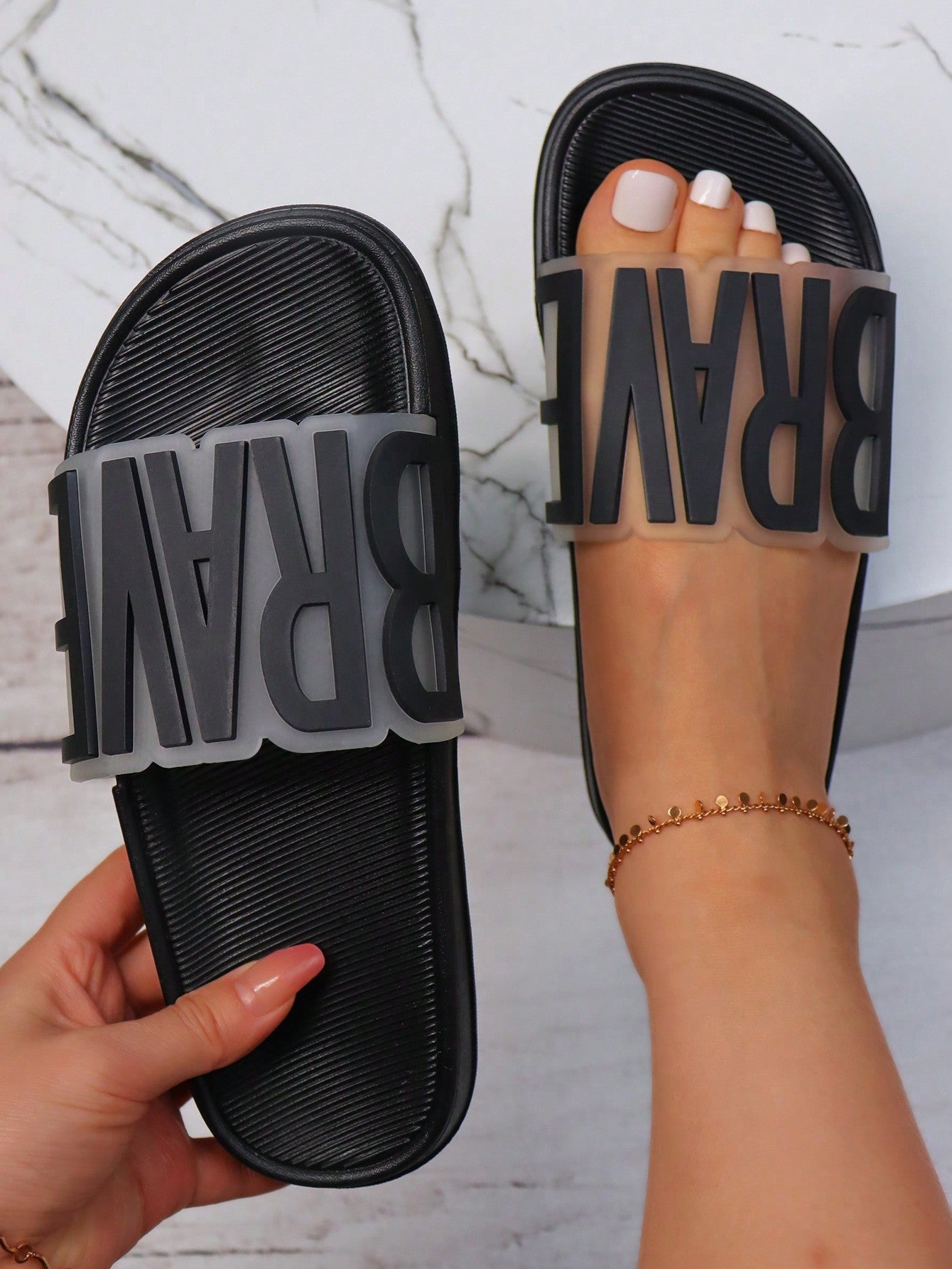 Buy SHEIN Women Letter Decor Single Band Slides, Fashionable Black Comfortable Slides in Pakistan