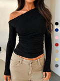 Buy SHEIN Women Solid Color Asymmetrical Neck Slim Fit Long Sleeve Blouse in Pakistan