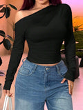 Buy SHEIN Women Solid Color Asymmetrical Neck Slim Fit Long Sleeve Blouse in Pakistan