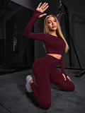Buy SHEIN Women Solid Color Crew Neck Long Sleeve Top And Skinny Leggings Sports Outfit Workout Women Set Women Leggings Set in Pakistan