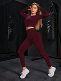 Buy SHEIN Women Solid Color Crew Neck Long Sleeve Top And Skinny Leggings Sports Outfit Workout Women Set Women Leggings Set in Pakistan