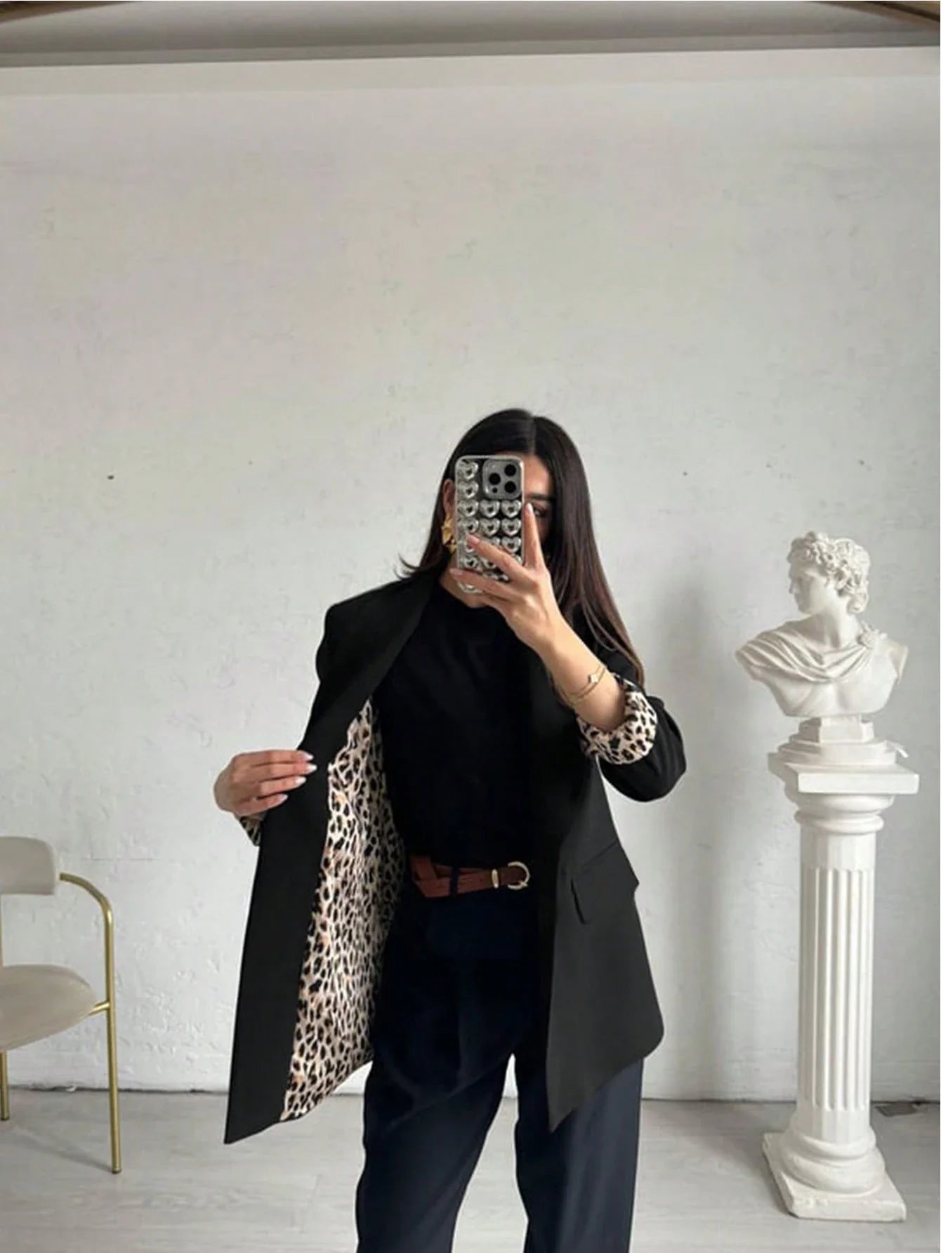 Buy SHEIN Women's Casual Lightweight Leopard Print Contrast Color Loose Fit Long Sleeve Blazer in Pakistan