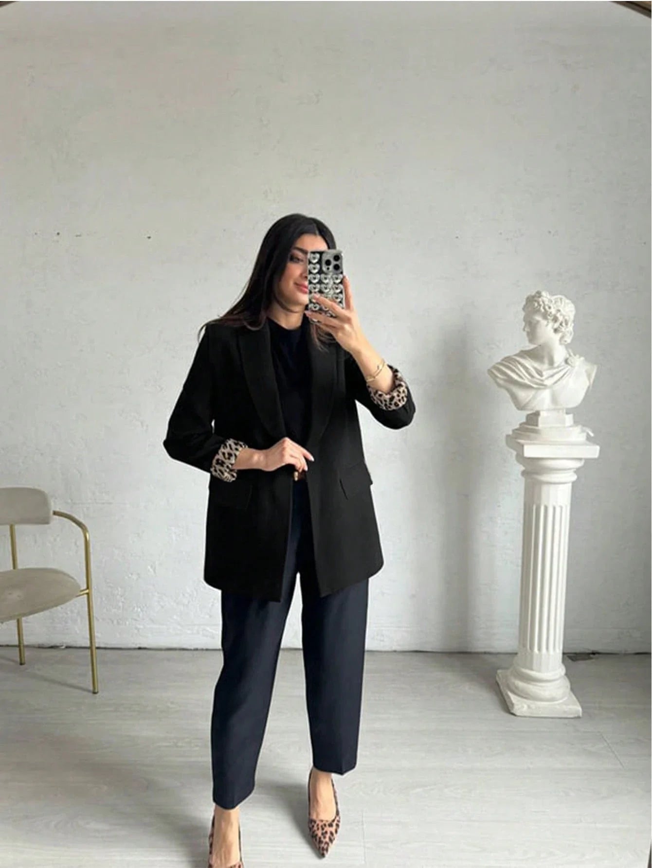 Buy SHEIN Women's Casual Lightweight Leopard Print Contrast Color Loose Fit Long Sleeve Blazer in Pakistan