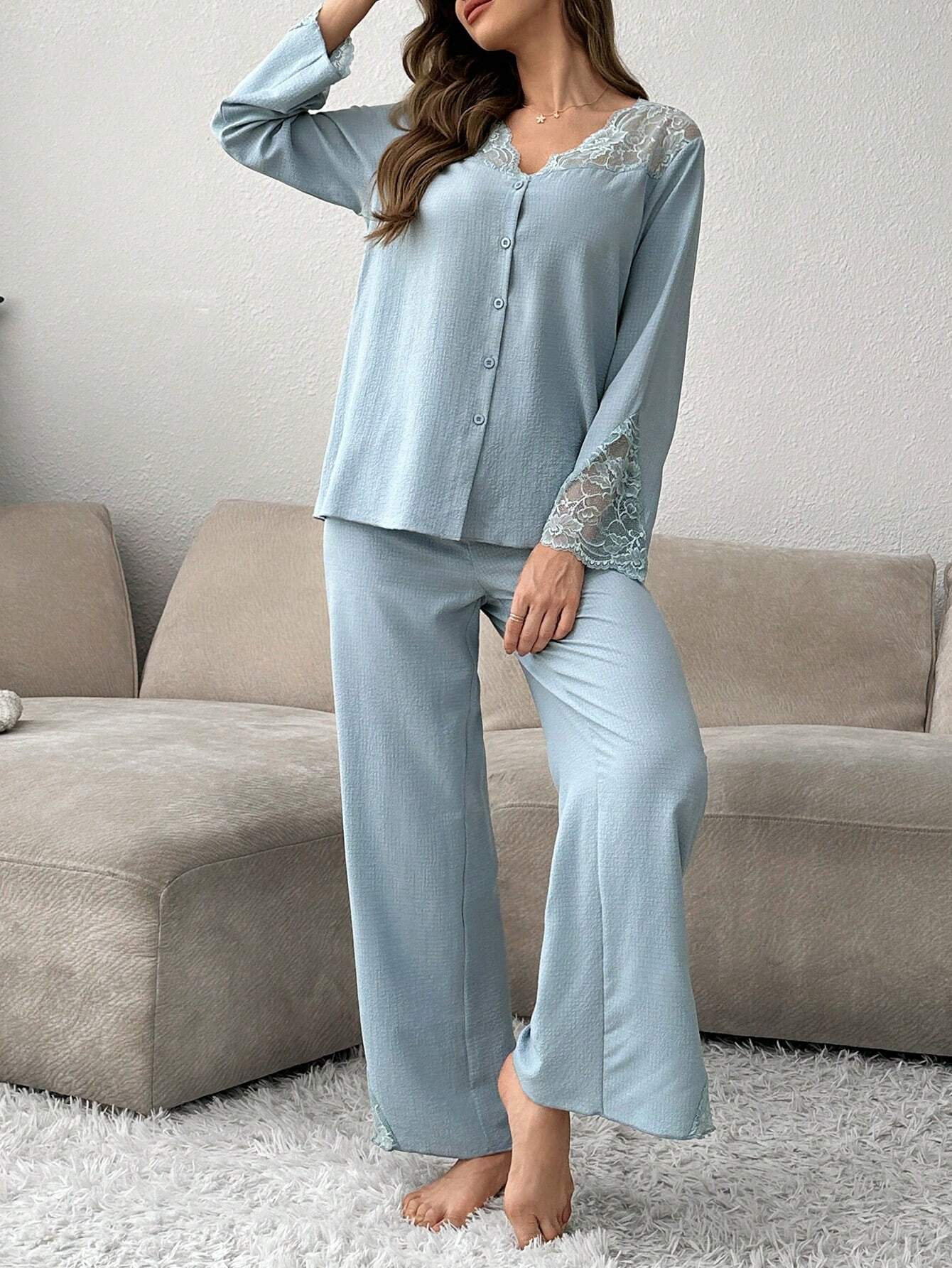 Buy SHEIN Women's Contrast Lace Cardigan And Pajama Set in Pakistan
