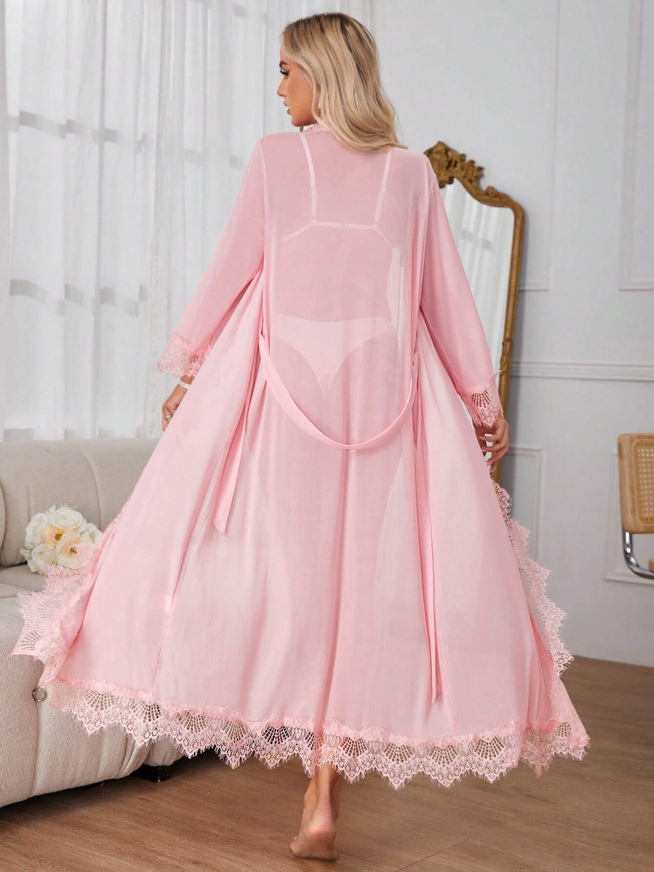 Buy SHEIN Women's Patchwork Lace Long Sleeve Long Nightgown in Pakistan