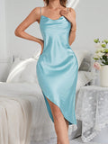 Buy SHEIN Women's Plain Draped Collar High Slit Satin Nightgown With Spaghetti Straps in Pakistan