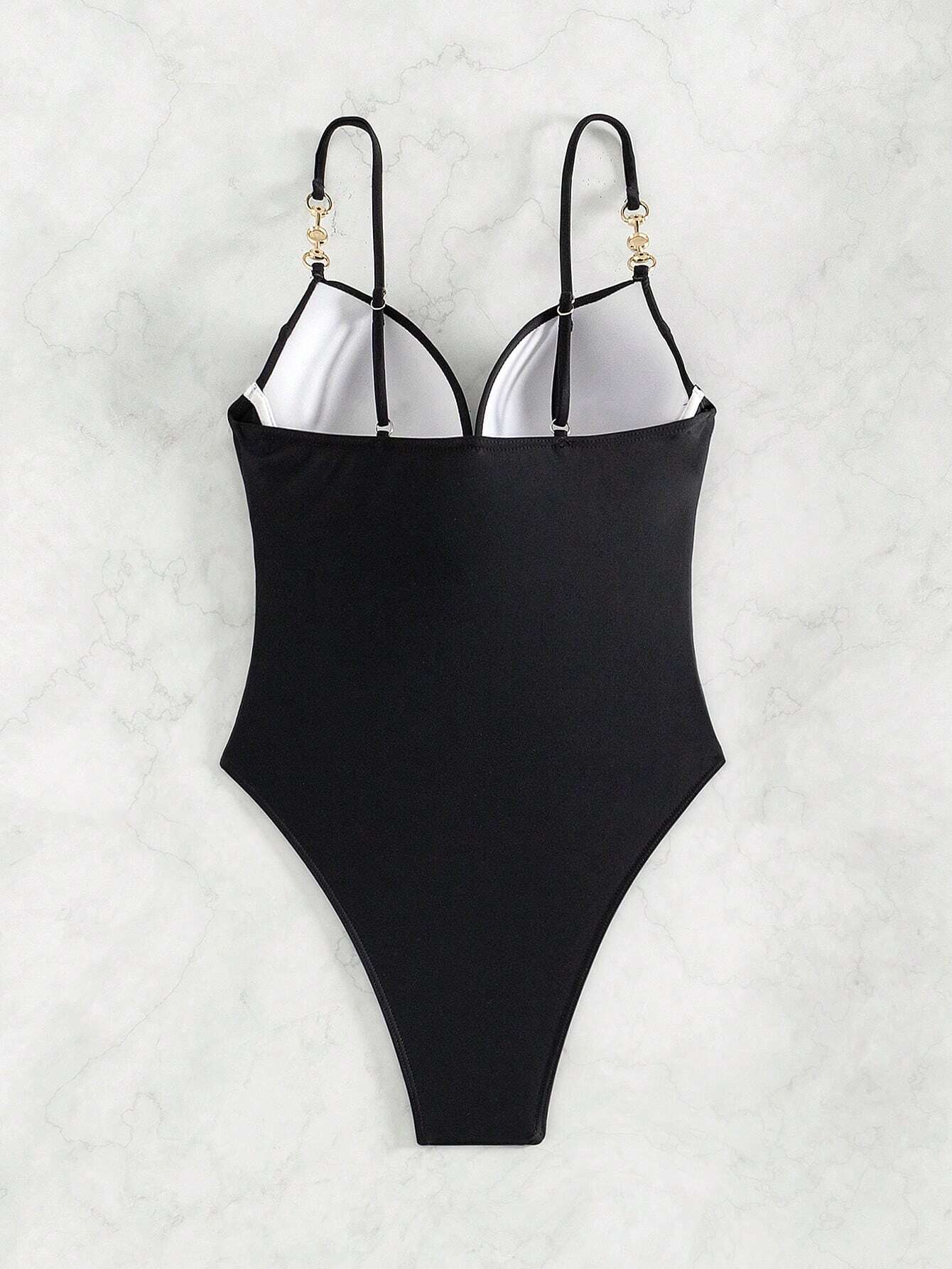 Buy SHEIN Women's Ruched Tummy Control One-Piece Swimsuit With Chain Shoulder Straps, For Summer Beach Swimwear in Pakistan